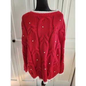 Red Cable Knit Sweater Pearl Accents XL Christmas Party Festive Feminine Glam